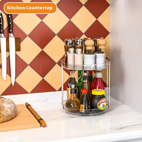 Alt Tag: Two Tier Lazy Susan Turntable For Cabinets And Pantry 9.5 Inch Diameter Double Rotating Kitchen Spice Rack on countertop