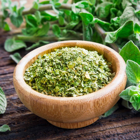 Bowl of dried oregano with fresh leaves, related to 100 Percent Organic Italian Oregano Seed Packet For Heirloom Non GMO Pollinator Friendly Plants Great For Container Gardening Guaranteed To Grow Fresh Kitchen Herbs For Your Kitchen Herb Game