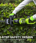 Person using 40V 26 Inch Brushless Hedge Trimmer Tool Only With Rotating Rear Handle for Easy Vertical Cuts on hedge