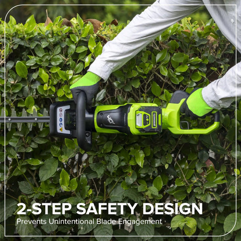 Person using 40V 26 Inch Brushless Hedge Trimmer Tool Only With Rotating Rear Handle for Easy Vertical Cuts on hedge