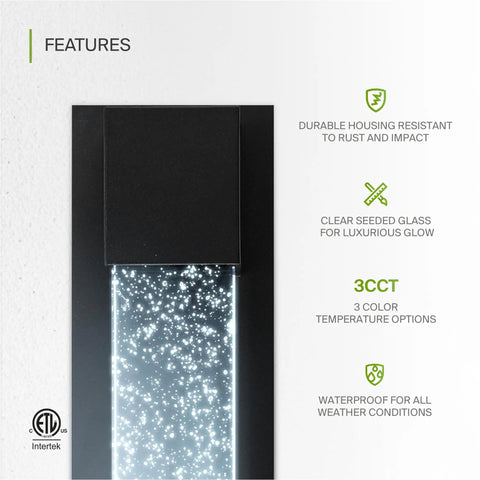 Bubble Glass LED Outdoor Wall Light Sconce 13 Inch, 12W 500LM, 120V, Dimmable, shown with durable black housing, ETL listed
