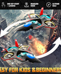 Brushless RC Plane With Camera For Aerial Fun in stunt motion with city background, showing 360 degree flips and LED navigation lights.