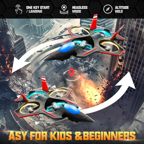 Brushless RC Plane With Camera For Aerial Fun in stunt motion with city background, showing 360 degree flips and LED navigation lights.