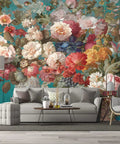 Living room with Pink Peony Floral Wallpaper Mural For Girls Bedroom, Botanical Rose Leaves Wall Decor, furniture view