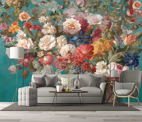 Living room with Pink Peony Floral Wallpaper Mural For Girls Bedroom, Botanical Rose Leaves Wall Decor, furniture view