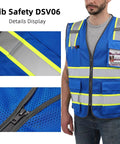 High Visibility Reflective Safety Vest With Reinforced Pockets And Heavy Duty Construction For Men And Women, blue mesh design, showing pockets and zipper detail.