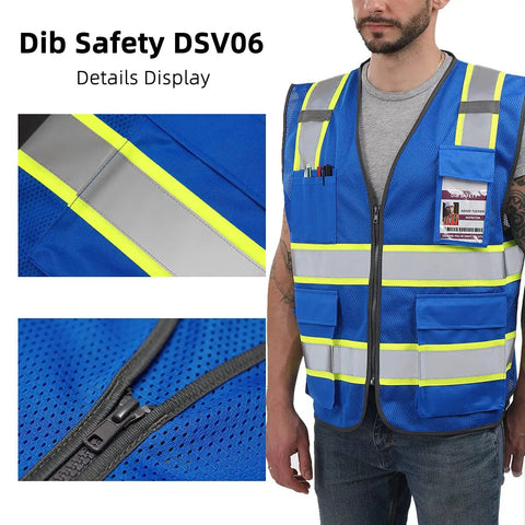 High Visibility Reflective Safety Vest With Reinforced Pockets And Heavy Duty Construction For Men And Women, blue mesh design, showing pockets and zipper detail.