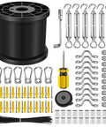 String Light Hanging Kit With 200 Ft Vinyl Coated 304 Stainless Steel Cable, turnbuckles, hooks, and accessories displayed.