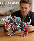 Adult assembling 2 In 1 Dinosaur Mech Building Set With 422 Pieces Transforming T Rex Robot For Adults And Teens STEM Construction Model Educational Puzzle Toy Featuring Movable Joints And Armor And 2 Way Transformations on a table.
