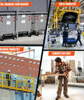 Various industries: metal garbage containers, auto assembly line, building construction, and lumber factory operations.