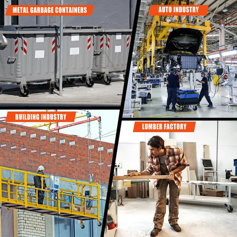 Various industries: metal garbage containers, auto assembly line, building construction, and lumber factory operations.