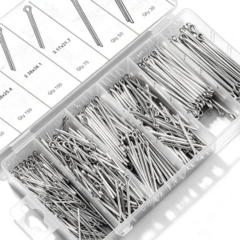 Ultimate Stainless Steel Cotter Pin Kit With 555 Pieces, Six Sizes in clear resealable storage case for garage use