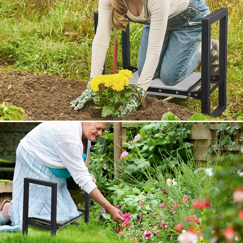 2 In 1 Garden Kneeler And Seat Foldable Stool with 400 lbs capacity in use by gardeners, shown in kneeling position for support.