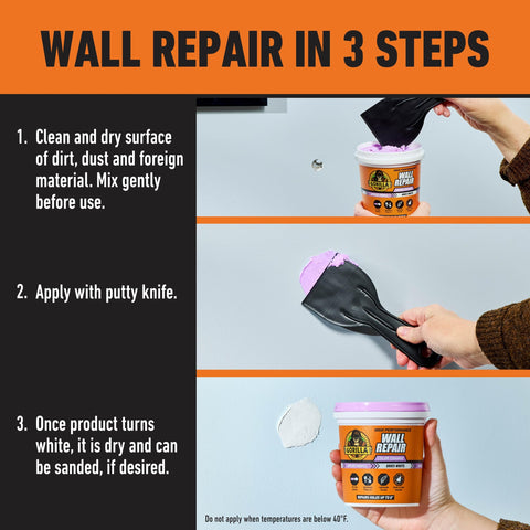 Steps to use Color Changing Wall Repair Compound 16 Ounce Tub Goes Purple When Applied And Dries White with application images.