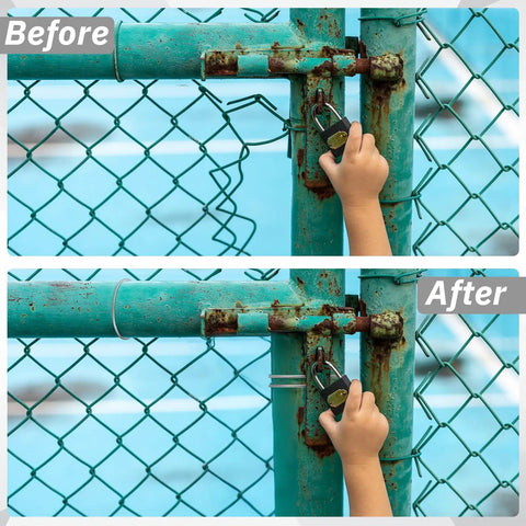 Before and after image showing 200 Pcs 10.5 Inch 9 Gauge Chain Link Fence Wire Ties Heavy Duty Aluminum Clips Hook For Chain Link Fence Posts Rails And Dog Kennel Repair Bulk Pack For Big Projects used on a green chain link gate.