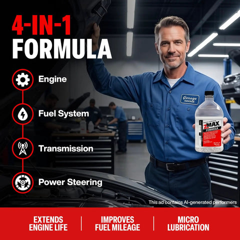 Keep Your Whip Running Slick With This Multifunctional Engine And Fuel Treatment That Dissolves Carbon Buildup Boosts Gas Diesel Power Lubricates Metal Parts For Transmission And Power Steering In A 32 Oz Bottle in a mechanic's hand shown in a workshop.