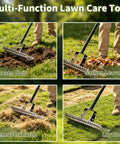 Multi-function heavy-duty dethatching rake for lawns with 15-inch 19-tine steel head loosening soil, gathering leaves, removing thatch, laying sod.