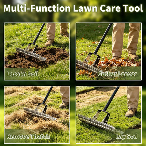 Multi-function heavy-duty dethatching rake for lawns with 15-inch 19-tine steel head loosening soil, gathering leaves, removing thatch, laying sod.