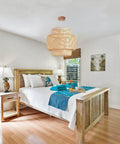 Hand Woven Bamboo Pendant Light With Natural Rattan Basket Shade Dope Beige Bamboo Chandelier over cozy bedroom