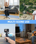 Pocket 3 In One Vlog Tripod Selfie Stick in various uses: yoga, travel, street filming, and guitar practice scenes.