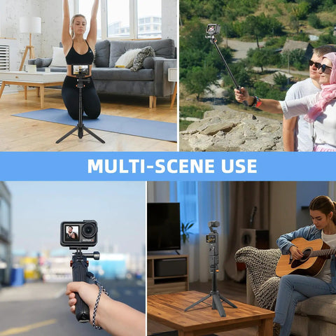 Pocket 3 In One Vlog Tripod Selfie Stick in various uses: yoga, travel, street filming, and guitar practice scenes.