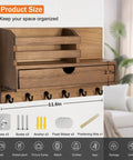 Wall Mount Key And Mail Organizer With Six Hooks And A Storage Drawer Wooden Key Rack With Shelf For Entryway And Home Decor Easy To Install With Screws Or Adhesives No Drill Option, shown with size dimensions and accessories.