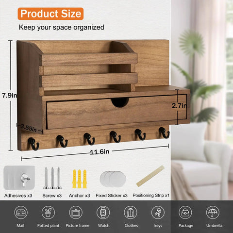 Wall Mount Key And Mail Organizer With Six Hooks And A Storage Drawer Wooden Key Rack With Shelf For Entryway And Home Decor Easy To Install With Screws Or Adhesives No Drill Option, shown with size dimensions and accessories.