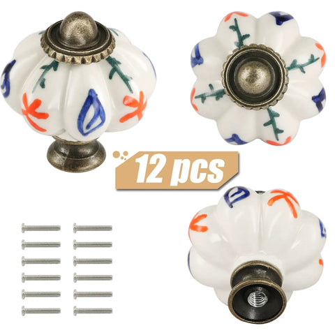 Top Shelf Vintage Hand Painted Ceramic Pumpkin Drawer Knobs With Bold Red Floral Branch Design For Badass Home Decor Renovations And Slick Cabinet Upgrades Including Hardware Kit, 1 inch size, set of 12 pieces.