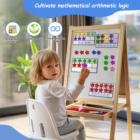 Child using Magnetic Ten Frame Set 74 PCS for Kids Ages 5 to 7 on easel for math practice, colorful magnetic counters visible.