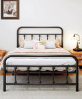Super Heavy Duty Twin Metal Bed Frame With Vintage Victorian Headboard And Footboard In Matte Black Finish Built Like A Tank Zero Sag Quick Snap Assembly with soft bedding and decorative pillows.