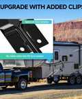 Silent Snap RV Door Holder Noiseless Latch shown on truck and camper trailer; black metal latch detail in inset.