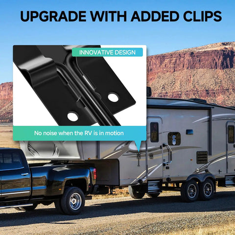 Silent Snap RV Door Holder Noiseless Latch shown on truck and camper trailer; black metal latch detail in inset.