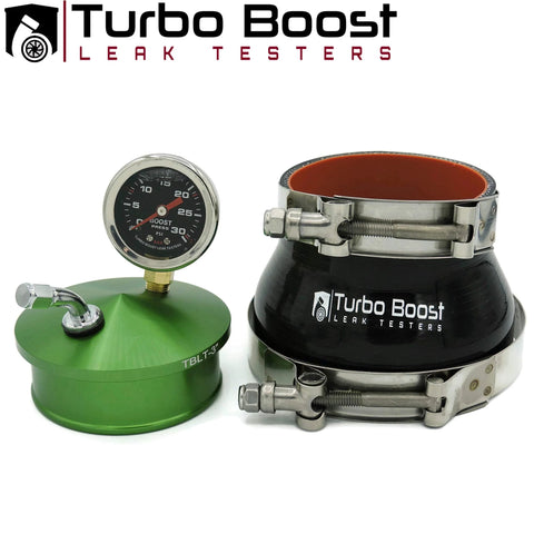 Turbo Boost Leak Testers kit with green aluminum base and black conical tester; includes 30 psi gauge and clamps.