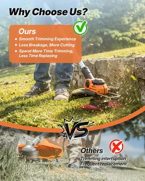 Person using Replacement Trimmer Line Spool Set For Weed Eater Style Cordless Trimmers, 0.065 Inch Refills, on grass edge.