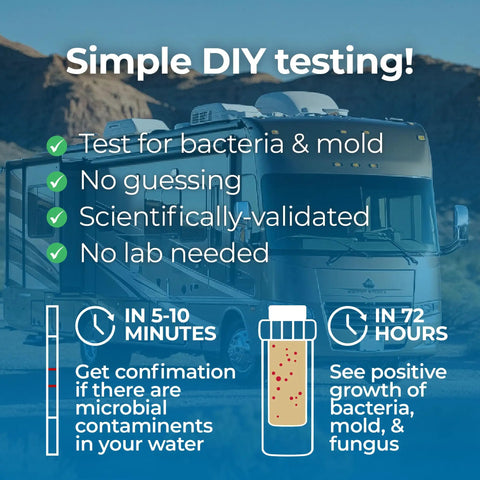 Hella Reliable RV Freshwater Test Kit Detecting Bacteria And Mold In Your Camper Drinking Water Tanks Quick Five Minute Results Plus Seventy Two Hour Cultures visuals showing DIY testing steps and RV