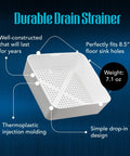 8.5 Inch Floor Sink Drain Cover And Drain Basket For Restaurants, Catches Food Scraps With 0.19 Inch Holes, shown in white plastic with design highlights.