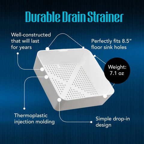 8.5 Inch Floor Sink Drain Cover And Drain Basket For Restaurants, Catches Food Scraps With 0.19 Inch Holes, shown in white plastic with design highlights.
