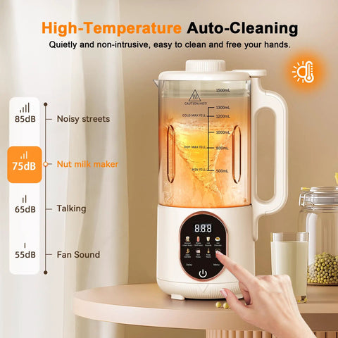 Front view of 50 Oz Nut Milk Maker With 10 In 1 Functions And 20 Blades For Almond Cashew Coconut Oat Milk Plant Based Bevs Plus Chowder Juice Soy Milk Delay Start Boil Water Keep Warm And Auto Clean with user operating touchscreen