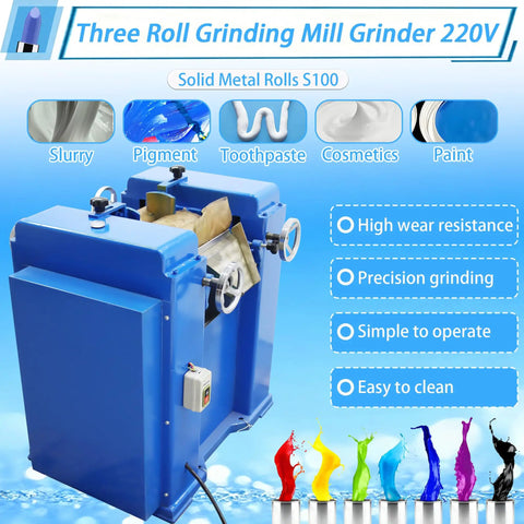 Heavy-Duty Pro Grade Triple Roll Mill Grinder Machine 220V with 3.94 x 9.84 Inch Metal Rollers displayed with grinding capabilities.