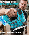 Cordless teal jigsaw with LED light, blade visible and attached battery pack, front view