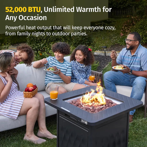Family enjoying Powerful 52,000 BTU Outdoor Propane Fire Pit Table For Patio And Backyard With Easy Hook Lid Mesh Pocket And Lava Rocks