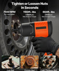 Close-up of Heavy Duty 1/2 Inch Drive Pneumatic Impact Wrench removing lug nuts with 1100 foot pounds torque and 7500 RPM speed.