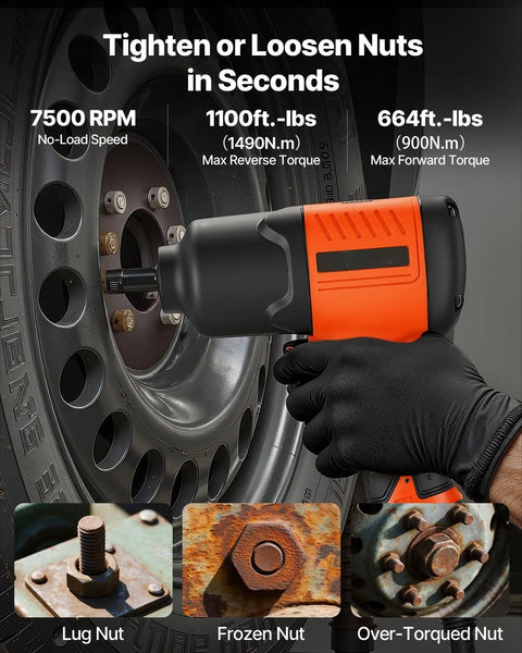 Close-up of Heavy Duty 1/2 Inch Drive Pneumatic Impact Wrench removing lug nuts with 1100 foot pounds torque and 7500 RPM speed.