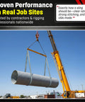 One Inch By Ten Foot Polyester 2 Ply Lifting Eye To Eye Rigging Sling Built Tough For Industrial Lifts 3200 Pound Vertical Load Rating lifting a corrugated pipe with a crane on a job site.