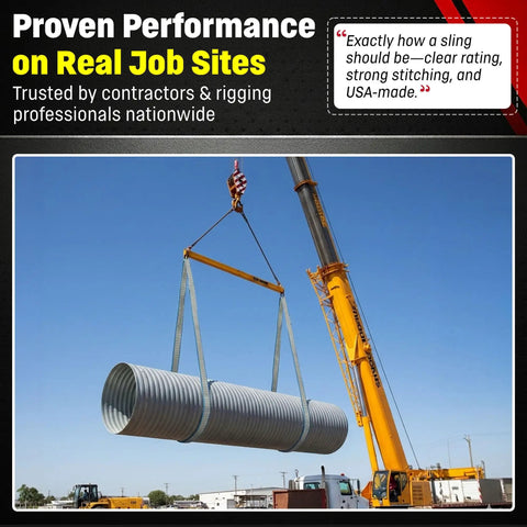 Heavy Duty 2 X 4 Foot Eye And Eye Polyester Rigging Sling Rated 6400 Lbs lifting a round metal pipe with a crane outdoors.