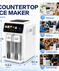 3 In 1 Countertop Ice Maker Featuring An Automatic Ice Crusher And Water Dispenser To Make Bullet Ice Shaved Treats Or Slush Fast in a sleek white unit.