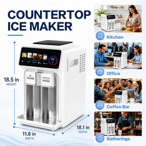 3 In 1 Countertop Ice Maker Featuring An Automatic Ice Crusher And Water Dispenser To Make Bullet Ice Shaved Treats Or Slush Fast in a sleek white unit.