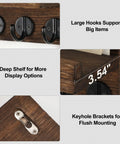 Details of Wall Mounted Key And Mail Organizer With Shelf And Large Hooks For Keys Bags Coats And Leashes Keeps Your Essentials In One Spot Paulownia Wood Key Hanger With Mounting Hardware Brown Finish Durable Entryway Organizer, showing large black hooks, 3.54-inch deep shelf, and keyhole brackets for flush mounting.
