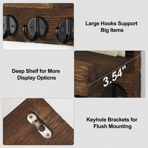 Details of Wall Mounted Key And Mail Organizer With Shelf And Large Hooks For Keys Bags Coats And Leashes Keeps Your Essentials In One Spot Paulownia Wood Key Hanger With Mounting Hardware Brown Finish Durable Entryway Organizer, showing large black hooks, 3.54-inch deep shelf, and keyhole brackets for flush mounting.