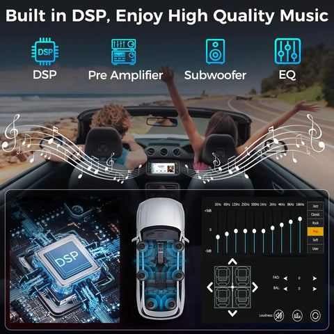 Illustration showing Double Din Car Stereo With 7 Inch HD Touchscreen Wireless Apple CarPlay And Android Auto Bluetooth features.
